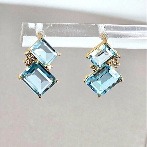 925 Sterling Silver Earrings 14K Gold Plated with Natural Topaz & CZ - Picture 3 of 7